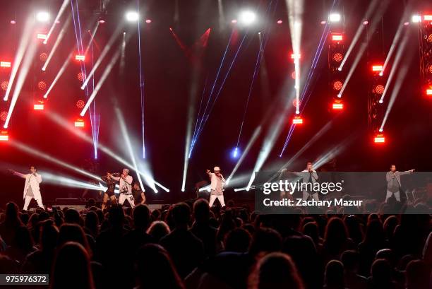 Nick Carte, Brian Littrell, AJ McLean, Howie Dorough and Kevin Richardson of the Backstreet Boys perform onstage during 2018 BLI Summer Jam at...