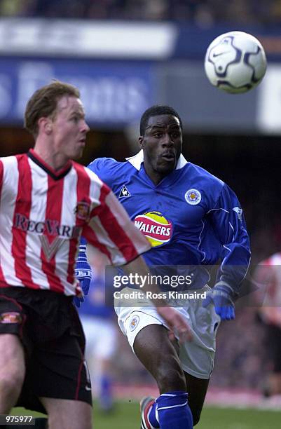 Ade Akinbiyi of Leicester is challenged by Jodie Creddock of Sunderland during the FA Carling Premiership match between Leicester City and Sunderland...