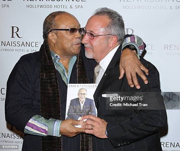 Quincy Jones and Emilio Estefan arrive to Emilio Estefan's Book "The Rhythm of Success" book signing cocktail party held at Renaissance Hollywood...