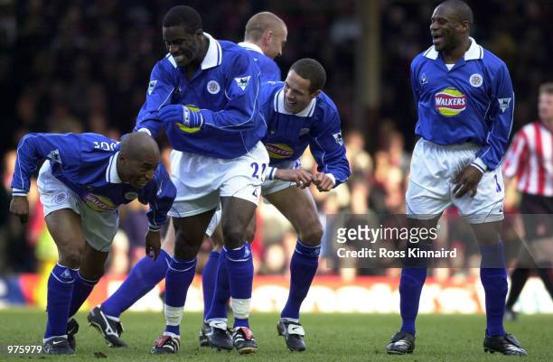 Dean Sturridge of Leicester celebrates with Ade Akinbiyi, Junior Lewis after scoring during the FA Carling Premiership match between Leicester City...