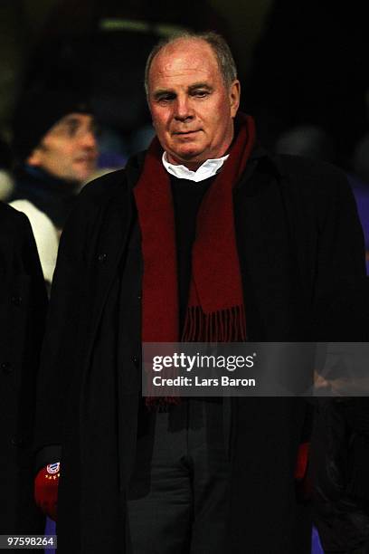 President Uli Hoeness of Muenchen is seen during the UEFA Champions League round of sixteen, second leg match between AFC Fiorentina and FC Bayern...