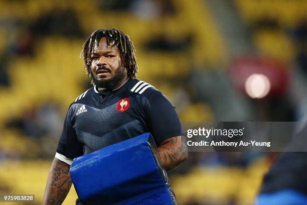 Mathieu Bastareaud of France during warmup prior to the International Test match between the New Zealand All Blacks and France at Westpac Stadium on...