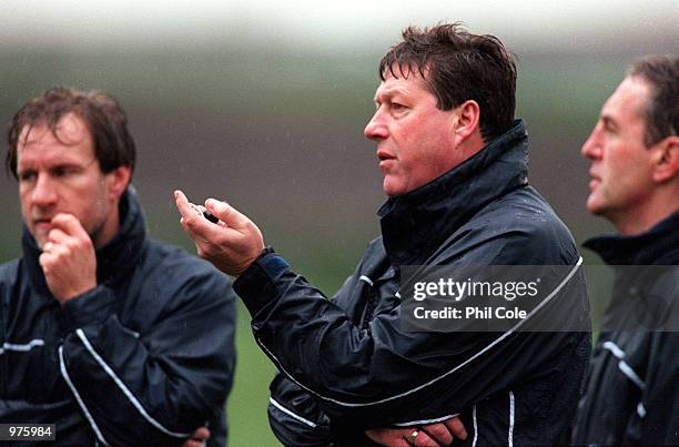 Leyton Orient manager Tommy Taylor keeps an eye on his players during a training session at the Lee Valley Sports Centre as they prepare for their FA...