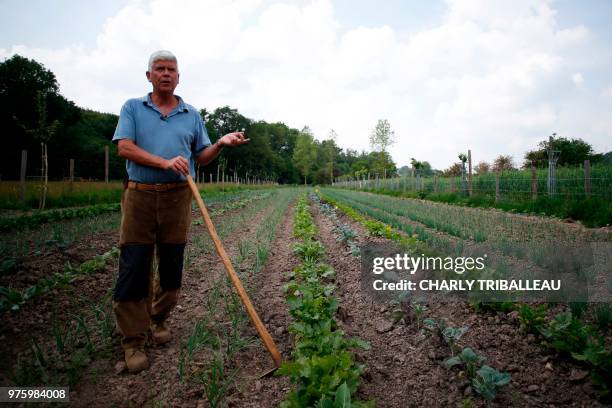 Farmer Charles Herve-Gruyer speaks as he works in the biological farm of the Bec-Hellouin on May 24, 2018 in Le Bec-Hellouin, northwestern France. -...