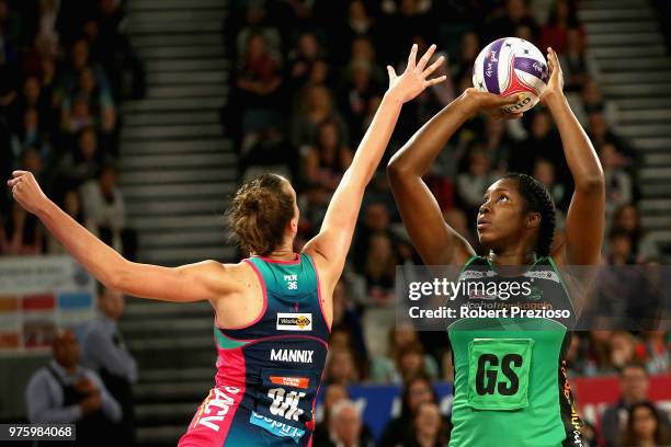 Jhaniele Fowler of the Fever has a shot for goal during the round seven Super Netball match between the Vixens and the Fever at Hisense Arena on June...