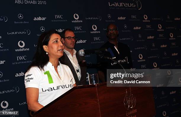 Laureus Sports Academy member Nawal El Moutawakel addresses the attending media during the Laureus Sport for Good Foundation Breakfast at Emirates...