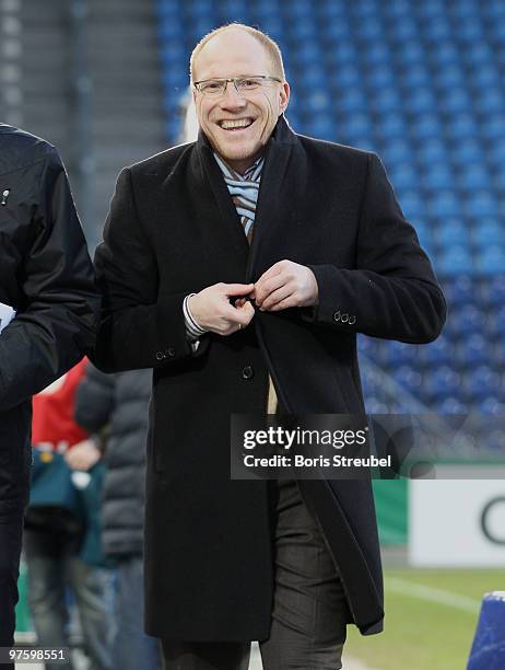 Sports director of the German Football Association , Matthias Sammer laughs prior to the U21 Euro Qualifying match between Germany and Iceland at the...