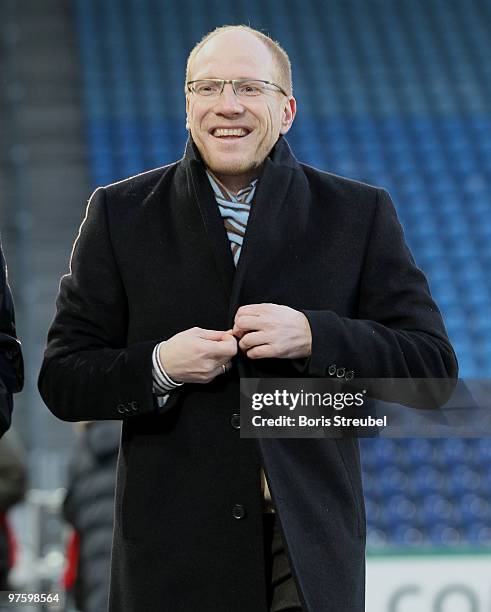 Sports director of the German Football Association , Matthias Sammer laughs prior to the U21 Euro Qualifying match between Germany and Iceland at the...