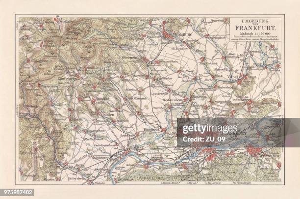 karte von frankfurt am main und umgebung, hessen, deutschland, lithographie, veröffentlicht 1897 - taunusgebirge stock-grafiken, -clipart, -cartoons und -symbole