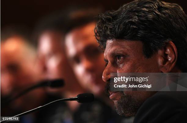 Kapil Dev speaks to the media prior to the Laureus World Sports Awards 2010 at Emirates Palace Hotel on March 10, 2010 in Abu Dhabi, United Arab...