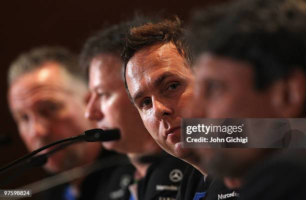 Michael Vaughan speaks to the media prior to the Laureus World Sports Awards 2010 at Emirates Palace Hotel on March 10, 2010 in Abu Dhabi, United...