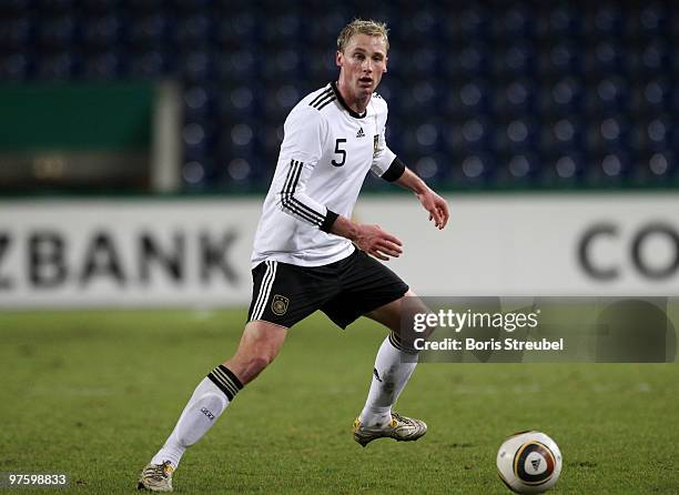 Felix Bastians of Germany runs with the ball during the U21 Euro Qualifying match between Germany and Iceland at the Magdeburg Stadium on March 2,...