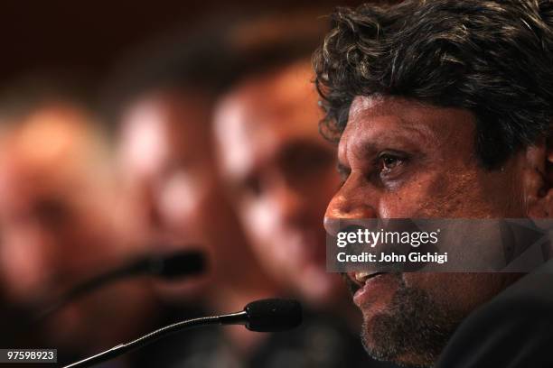 Kapil Dev speaks to the media prior to the Laureus World Sports Awards 2010 at Emirates Palace Hotel on March 10, 2010 in Abu Dhabi, United Arab...