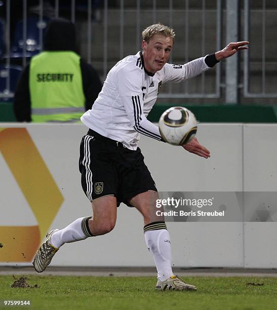 Felix Bastians of Germany runs with the ball during the U21 Euro Qualifying match between Germany and Iceland at the Magdeburg Stadium on March 2,...