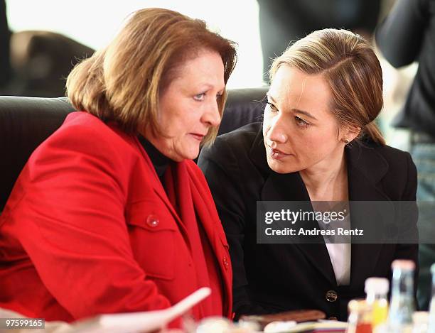 German Justice Minister Sabine Leutheusser-Schnarrenberger and German Family Minister Kristina Schroeder attend the weekly German government cabinet...