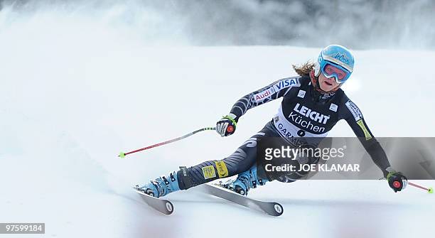 Julia Mancuso during the women's Alpine skiing World Cup Downhill training run in Garmisch Partenkirchen, southern Germany on March, 2010. AFP PHOTO...