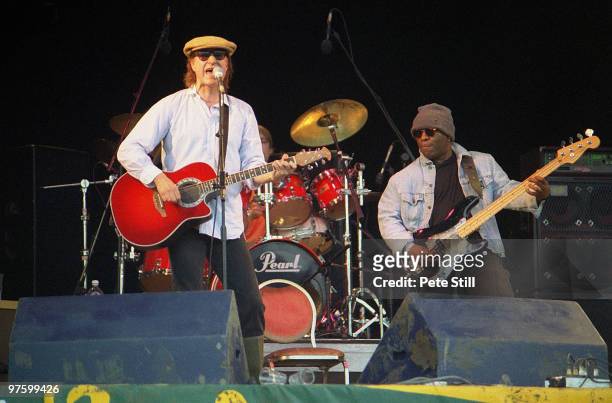 Ray Davies of The Kinks performs solo on stage at the Glastonbury Festival on June 28th, 1997 in Glastonbury, England.