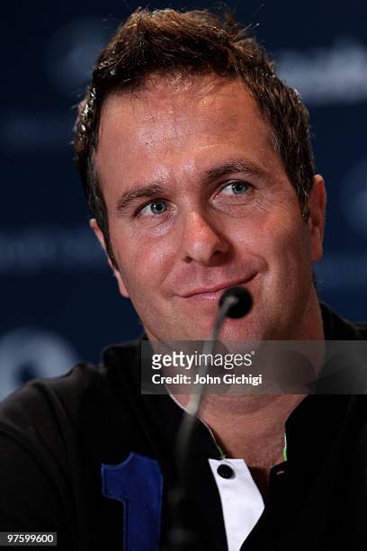 Michael Vaughan speaks to the media prior to the Laureus World Sports Awards 2010 at Emirates Palace Hotel on March 10, 2010 in Abu Dhabi, United...