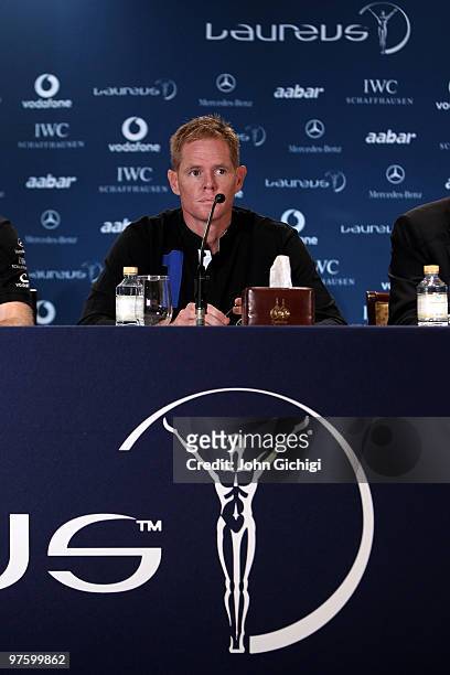 Shaun Pollock speaks to the media prior to the Laureus World Sports Awards 2010 at Emirates Palace Hotel on March 10, 2010 in Abu Dhabi, United Arab...
