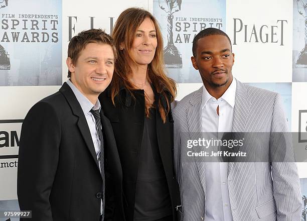 Actor Jeremy Renner, director Kathryn Bigelow and actor Anthony Mackie arrive at the 2009 Film Independent Spirit Awards held at the Santa Monica...