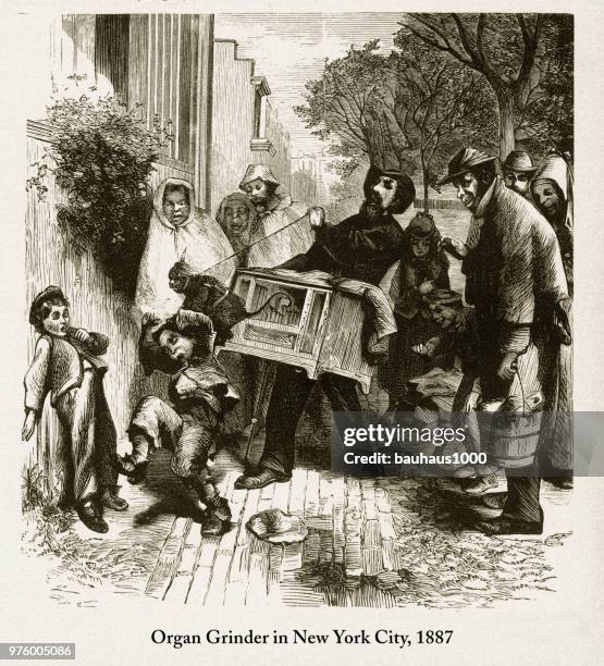 organ grinder in new york city victorian engraving, 1887 - female monkey costume stock illustrations