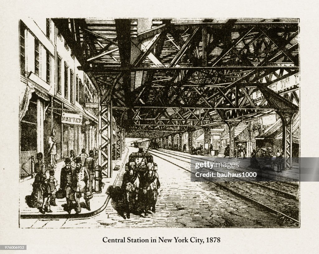 Central Station in New York City Victorian Engraving, 1878