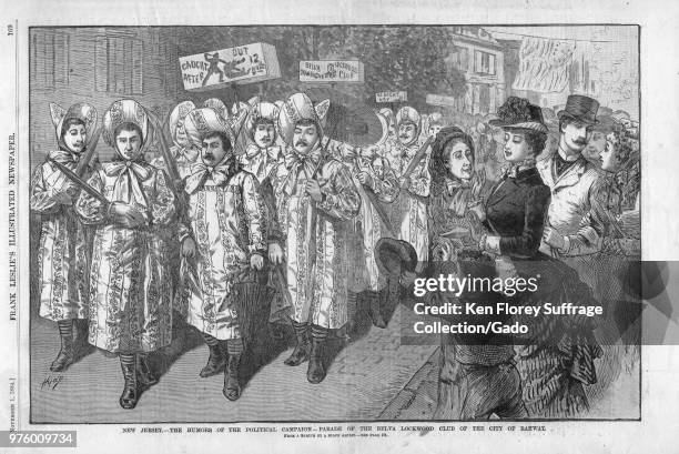 Black and white print Illustrating a satirical "Mother Hubbard" parade in which men dressed in women's clothes and marched in the street pretending...