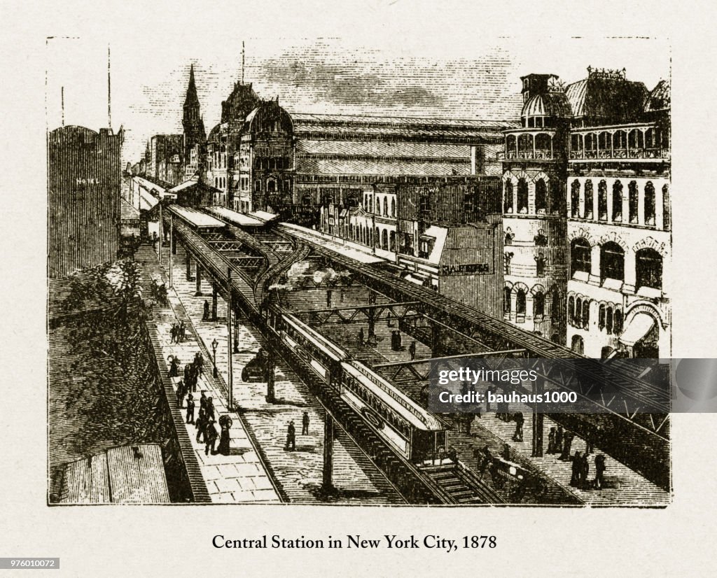 Central Station in New York City Victorian Engraving, 1878