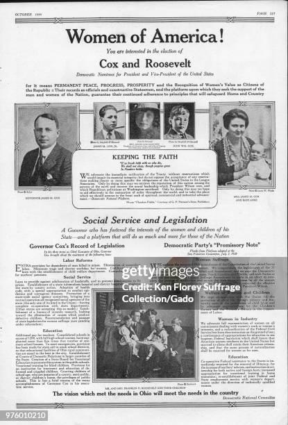 Presidential campaign advertisement for the Democratic team of James M Cox and Franklin D Roosevelt, with black and white portrait photographs of...