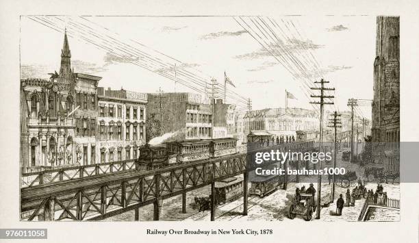 stockillustraties, clipart, cartoons en iconen met spoorlijn over broadway in new york city, 1878 - broadway manhattan