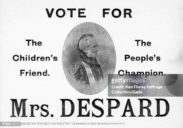 Black and white poster, with a profile bust of Charlotte Despard, President of the English Women's Freedom League, and Irish independence advocate,...
