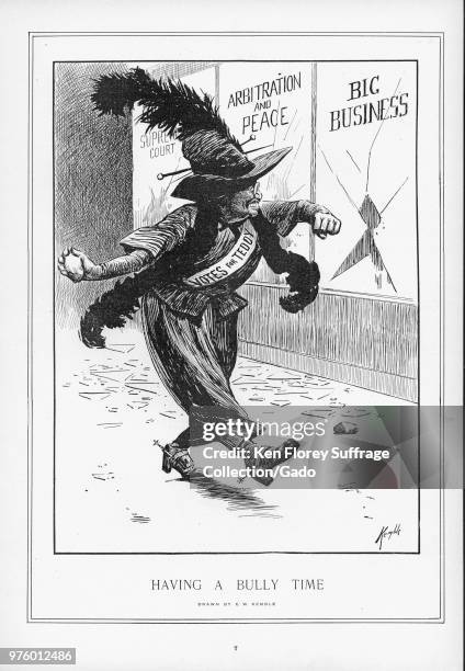 Black and white illustration, depicting Theodore Roosevelt as a militant suffragette, wearing Edwardian Women's clothing, with a feather boa and...