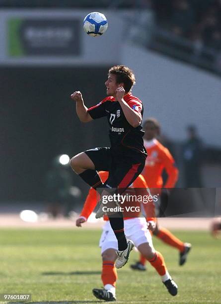 Michael Marrone of Adelaide United reacts during the AFC Champions League Group H match between Shandong Luneng and Adelaide United at Shandong...