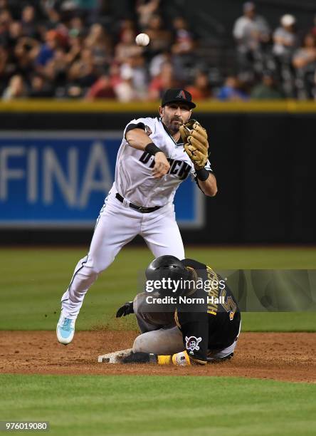 Daniel Descalso of the Arizona Diamondbacks attempts to turn a double play as Josh Harrison of the Pittsburgh Pirates slides into second base during...