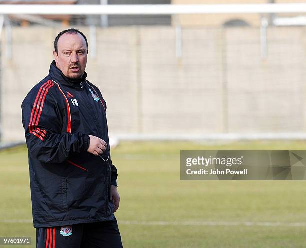 Liverpools Manager Rafael Benitez during a Liverpool FC training session, ahead of their UEFA Europa League match against Lille, at Melwood training...