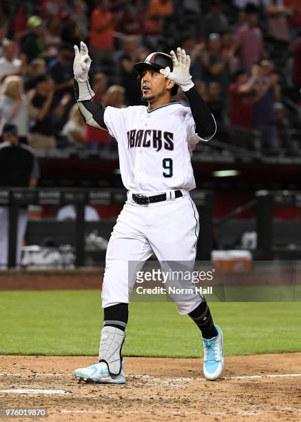 Jon Jay of the Arizona Diamondbacks celebrates after hitting a home run against the Pittsburgh Pirates at Chase Field on June 12, 2018 in Phoenix,...