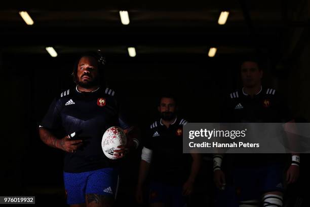 Mathieu Bastareaud of France leads the team out ahead of the International Test match between the New Zealand All Blacks and France at Westpac...