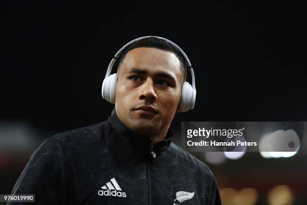 Ngani Laumape of the All Blacks warms up ahead of the International Test match between the New Zealand All Blacks and France at Westpac Stadium on...