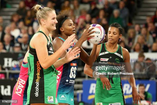 Mwai Kumwenda of the Vixens has a shot for goal during the round seven Super Netball match between the Vixens and the Fever at Hisense Arena on June...