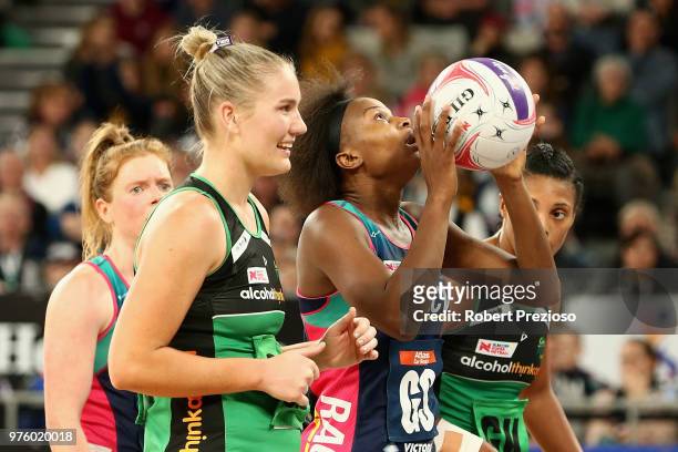 Mwai Kumwenda of the Vixens has a shot for goal during the round seven Super Netball match between the Vixens and the Fever at Hisense Arena on June...