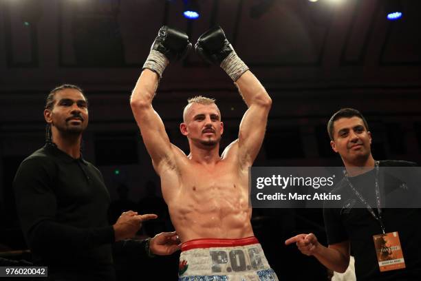 Kody Davies poses with promotor David Haye after his victory over Eric Mokonzo during the Super Middleweight fight between Kody Davies and Eric...