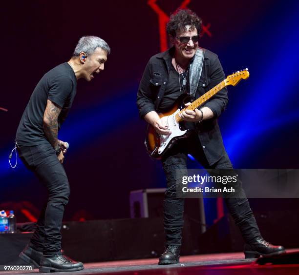 Singer Arnel Pineda and founder and guitarist Neal Schon of the band Journey are seen at Prudential Center on June 15, 2018 in Newark, New Jersey.