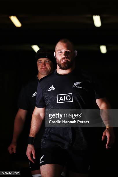 Scott Barrett and Owen Franks of the All Blacks walk out ahead of the International Test match between the New Zealand All Blacks and France at...