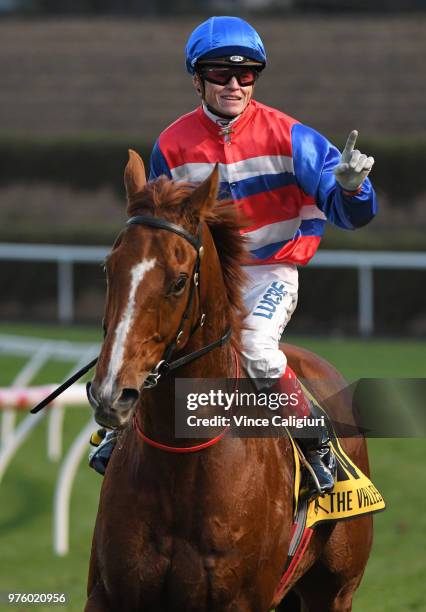 Craig Williams after riding Magic Consol to win Race 9 , Travis Harrison Cup during Melbourne racing at Moonee Valley Racecourse on June 16, 2018 in...