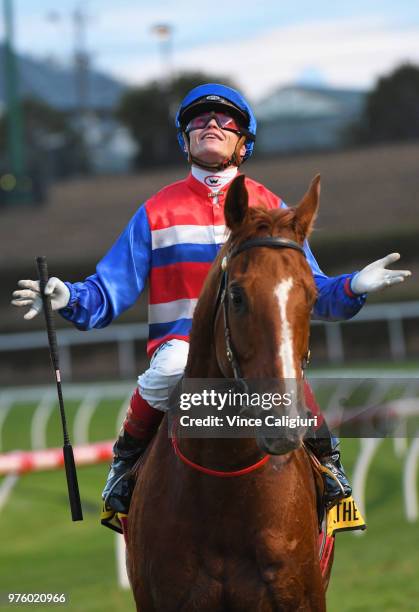 Craig Williams looks to the heavens after riding Magic Consol to win Race 9 , Travis Harrison Cup during Melbourne racing at Moonee Valley Racecourse...