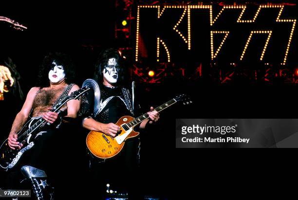 Paul Stanley and Tommy Thayer of Kiss perform on stage at the Telstra Dome on 28th February 2003 in Melbourne, Australia.