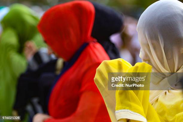 Sri Lankan Muslim women attend Eid al Fitr prayers at Galle Face, Colombo, Sri Lanka on Saturday June 2018. Eid al-Fitr marks the end of the fasting...