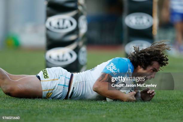 Kevin Proctor of the Titans scores a try during the round 15 NRL match between the Canterbury Bulldogs and the Gold Coast Titans at Belmore Sports...