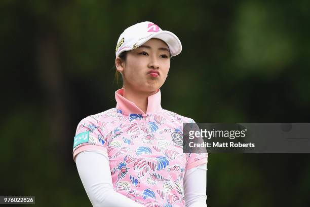 Rei Matsuda of Japan reacts after her tee shot on the 3rd hole during the second round of the Nichirei Ladies at the Sodegaura Country Club Shinsode...