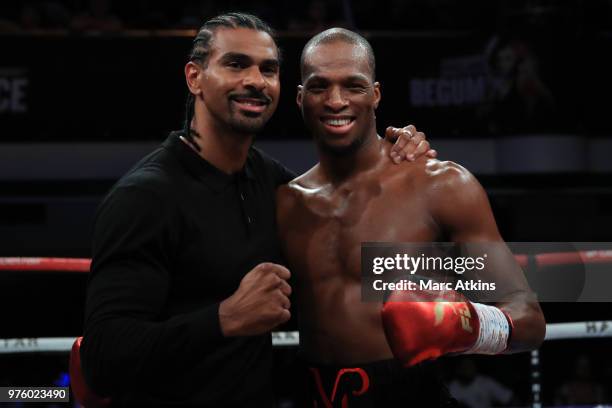 Michael "Venom" Page celebrates his victory with promotor David Haye during the Super Middleweight fight between Michael "Venom" Page and Michael...